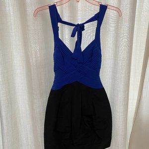 BCBGMAXAZRIA BLUE AND BLACK COLORBLOCK BUBBLE HALTER MINI DRESS (RUNS SMALL)
